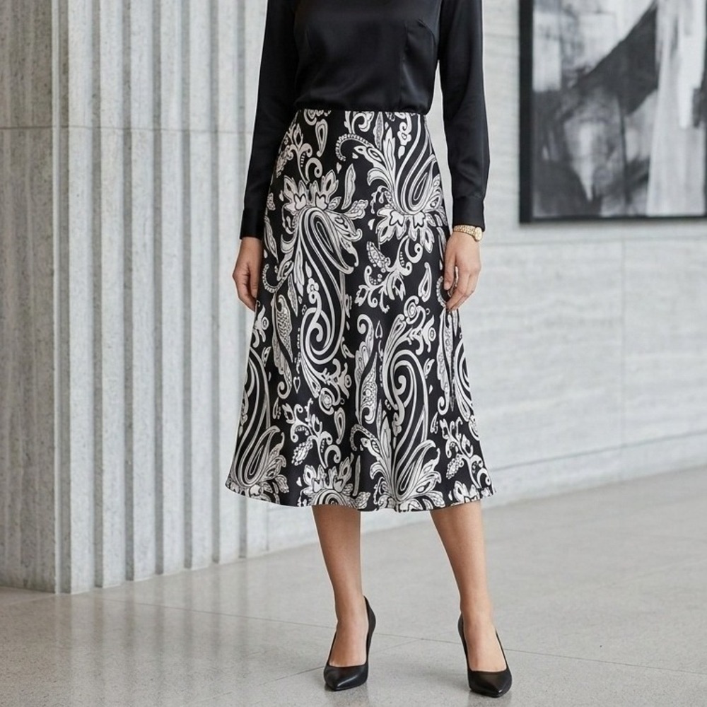 New York & Co. Skirt Women's Sz L 100% Silk A-Line Black‎ & White Swirl Citycore